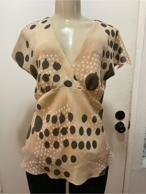 Dress-U By Sharon women’s Y2K 2000s v-neck Polka Dot beige Blouse size M